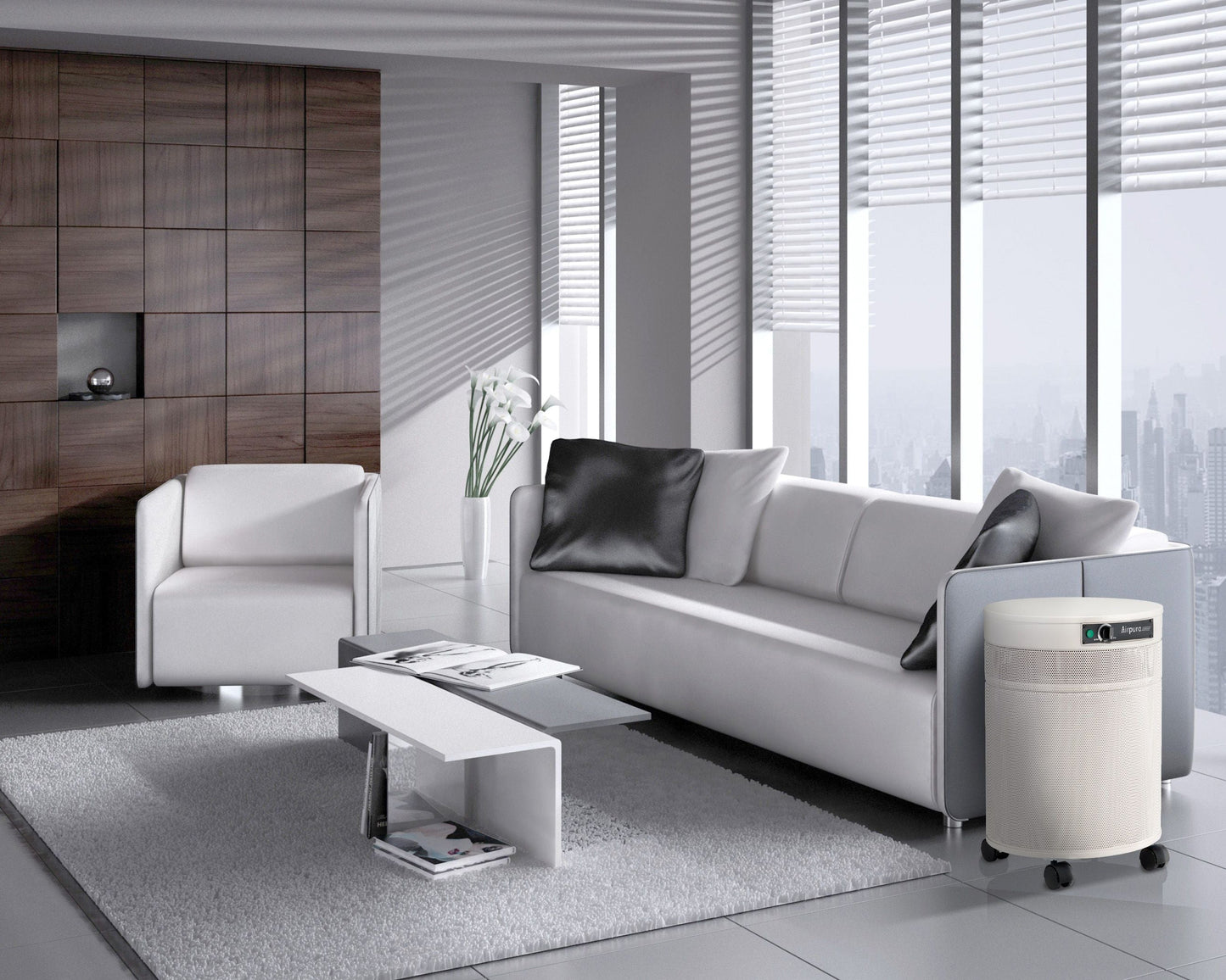 Living room with air purifier from Airpura Industries